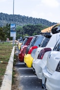 A lineup of various rental cars in a parking lot.