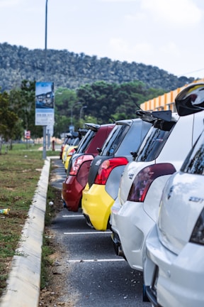 A row of diverse vehicles parked in a sunny lot.