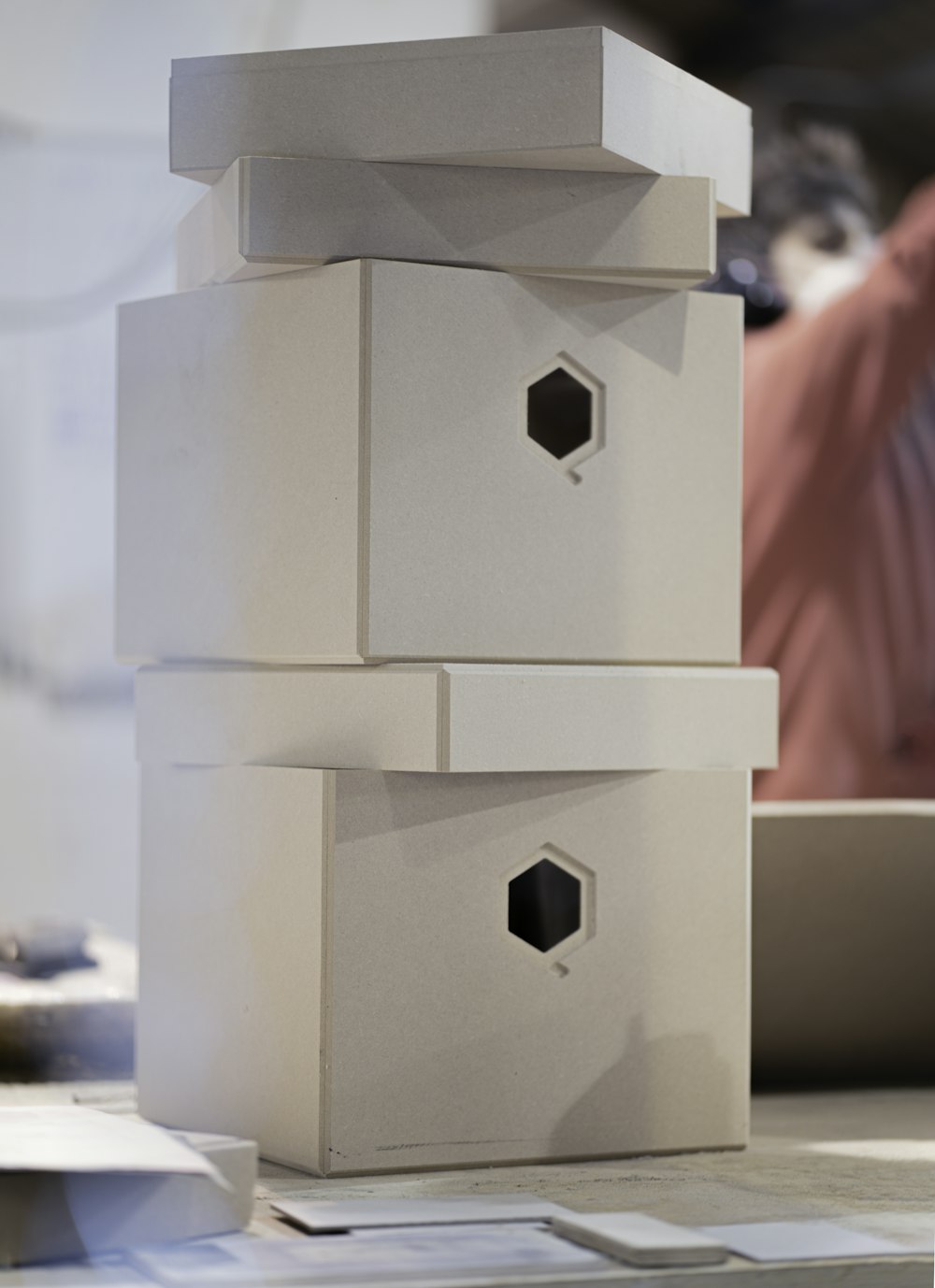 a stack of white boxes