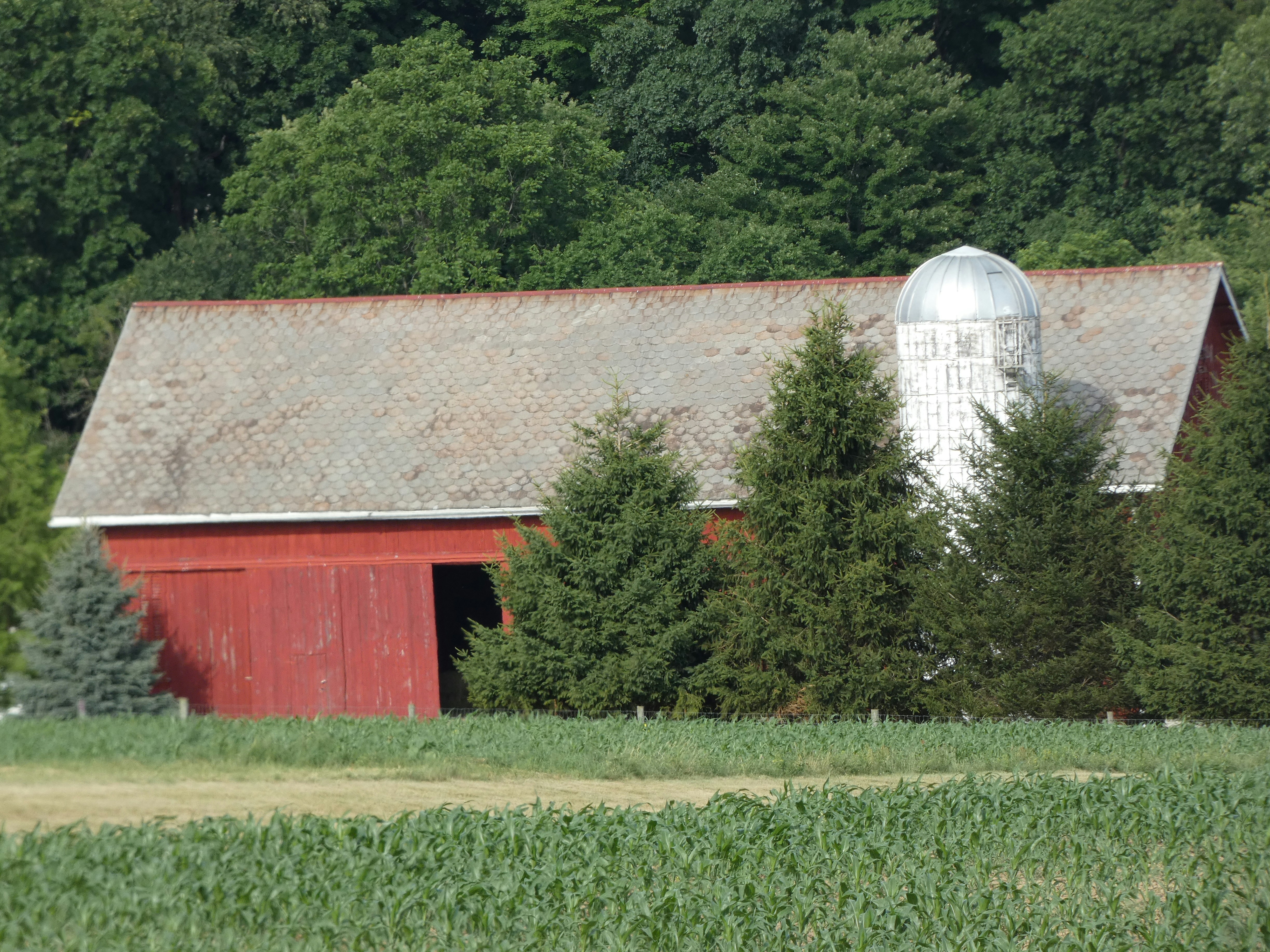 a barn with silos