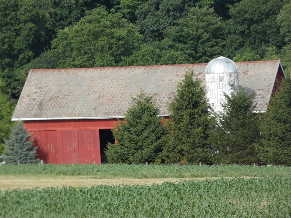 a barn with silos