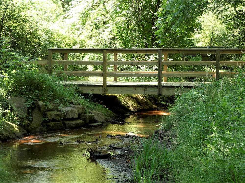 eine Holzbrücke über einen Bach