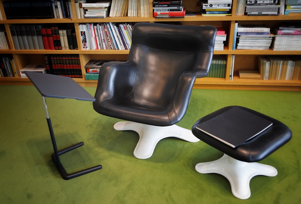 a chair and a table in a library