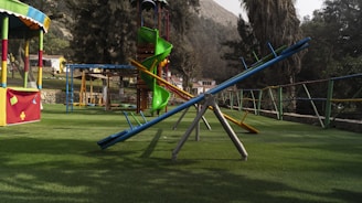 A playground featuring various play structures including a seesaw, a slide, and a climbing frame. The ground is covered in grass, and there are colorful railings and a canopy visible. Trees and a mountain are in the background, adding to the outdoor setting.
