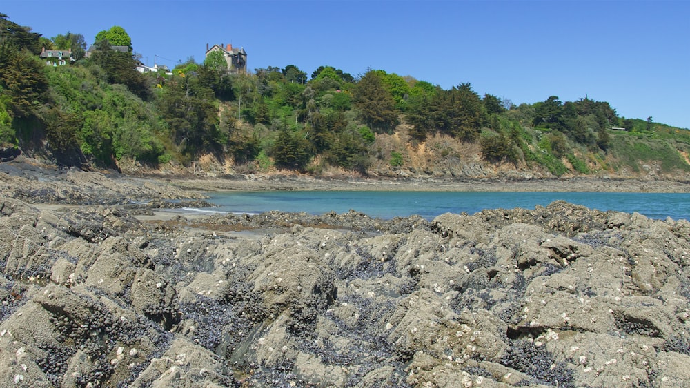 une plage rocheuse avec une maison sur une colline