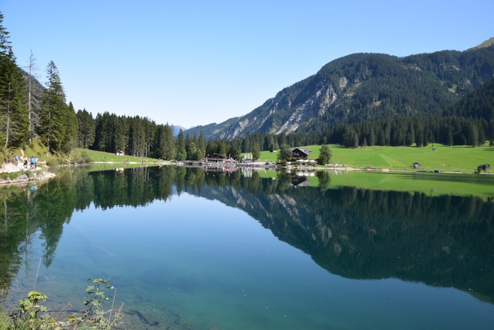 a lake with a mountain in the background