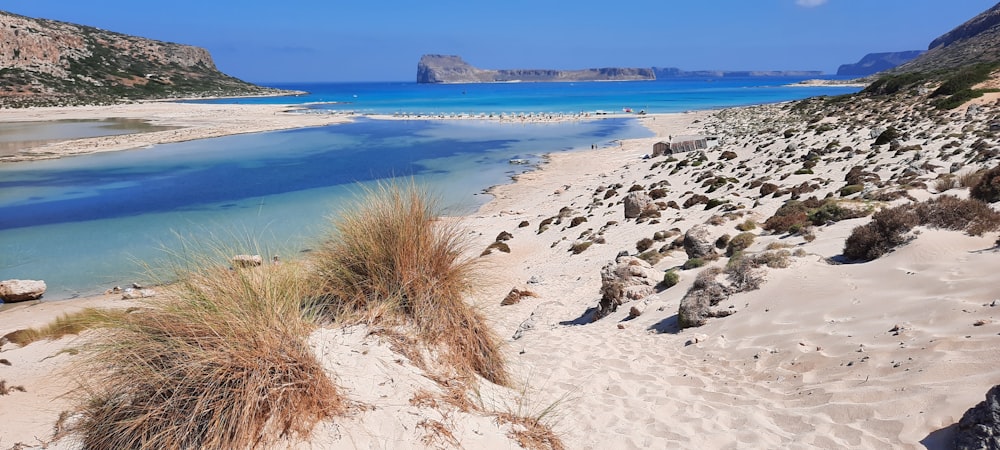 a sandy beach with a body of water in the background