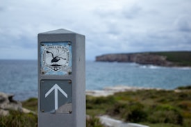 A signpost with the emblem of the National Parks & Wildlife Service is displayed prominently. The background reveals a coastal landscape with cliffs and the ocean under a cloudy sky.