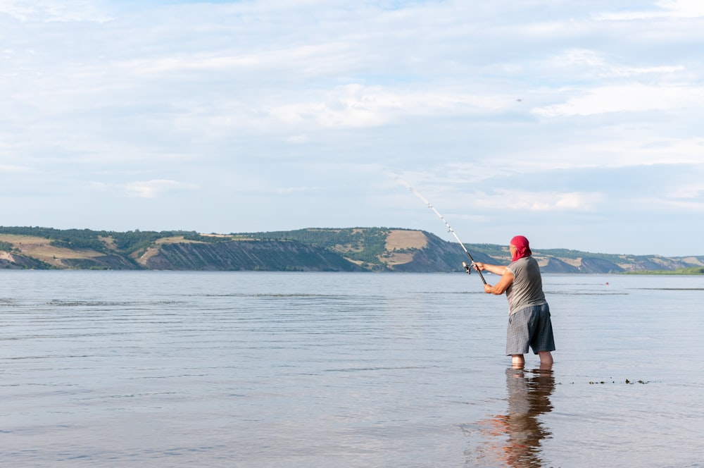 a man fishing in a lake