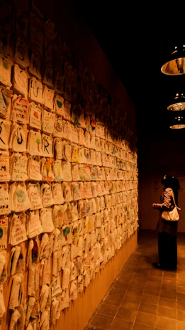 A thoughtful person gazing at a wall covered in symbolic diagrams and essay drafts.