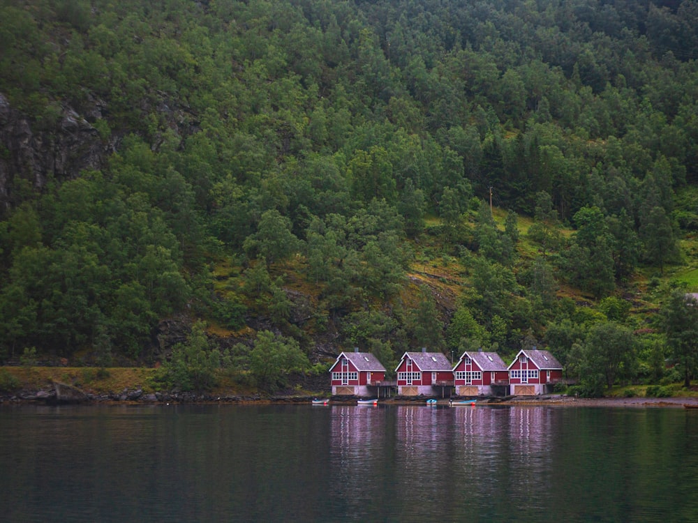 a group of red buildings on a lake surrounded by trees