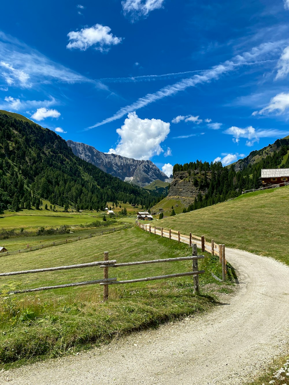 a dirt road leading to a fence and a field with trees and mountains