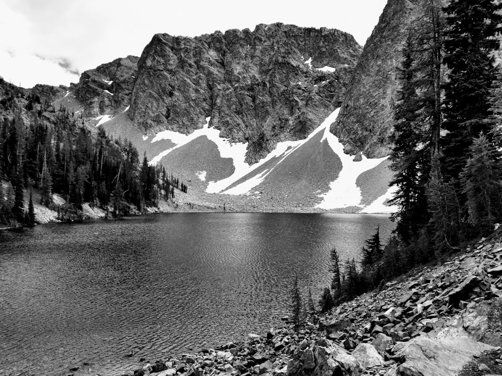 a lake with a snowy mountain in the background