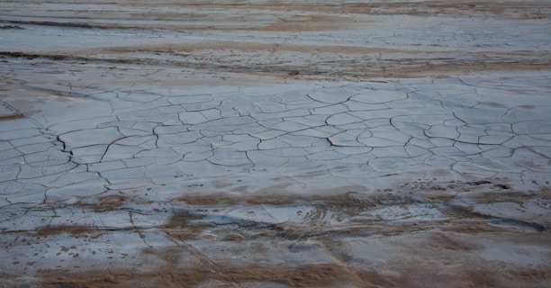A landscape of cracked, dry earth showing the effects of drought. The ground is covered with large, irregular fissures and a general lack of vegetation.