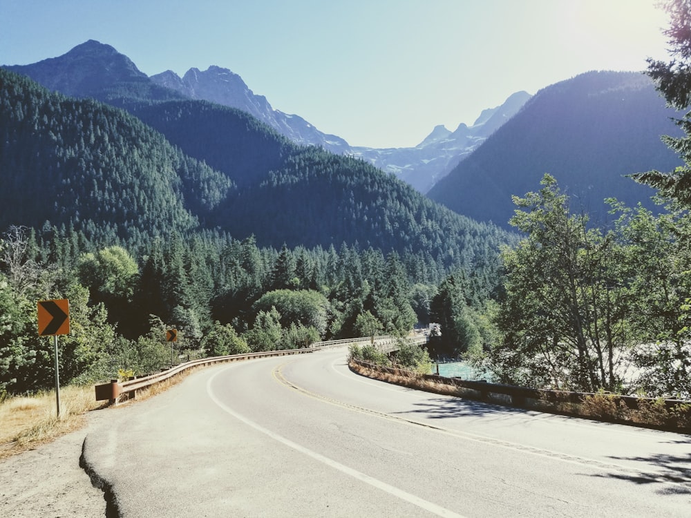 a road with trees and mountains in the background