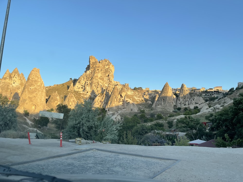 Un camino con árboles y una montaña al fondo