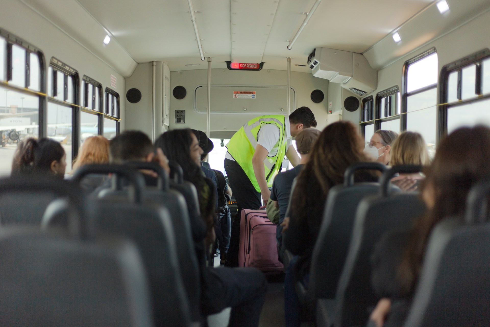a group of people on a bus