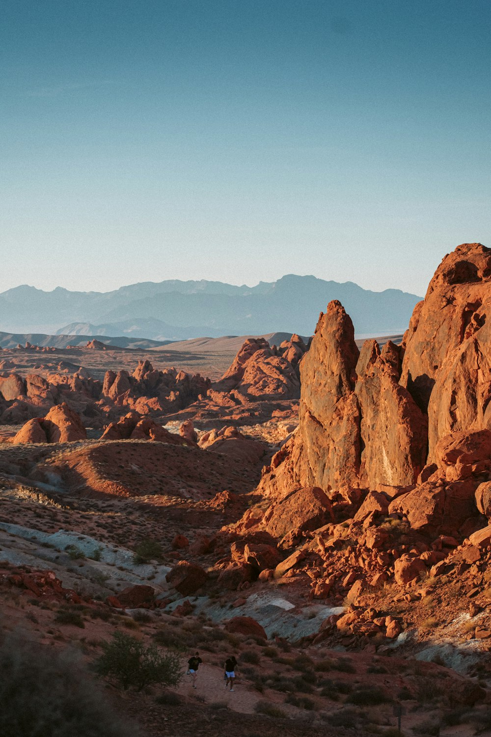 a group of people walking on a rocky terrain