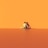 A lone figure with a minimalist and abstract appearance sits against a flat, seamless orange background. The figure wears a small, black, triangular hat, casting a shadow on the ground. The scene conveys a sense of solitude or introspection in a surreal, dreamlike environment.