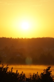 A vibrant sunrise illuminates a rural landscape, with a bright sun hovering above the horizon. The golden light creates a warm glow over the silhouetted trees and buildings in the distance.