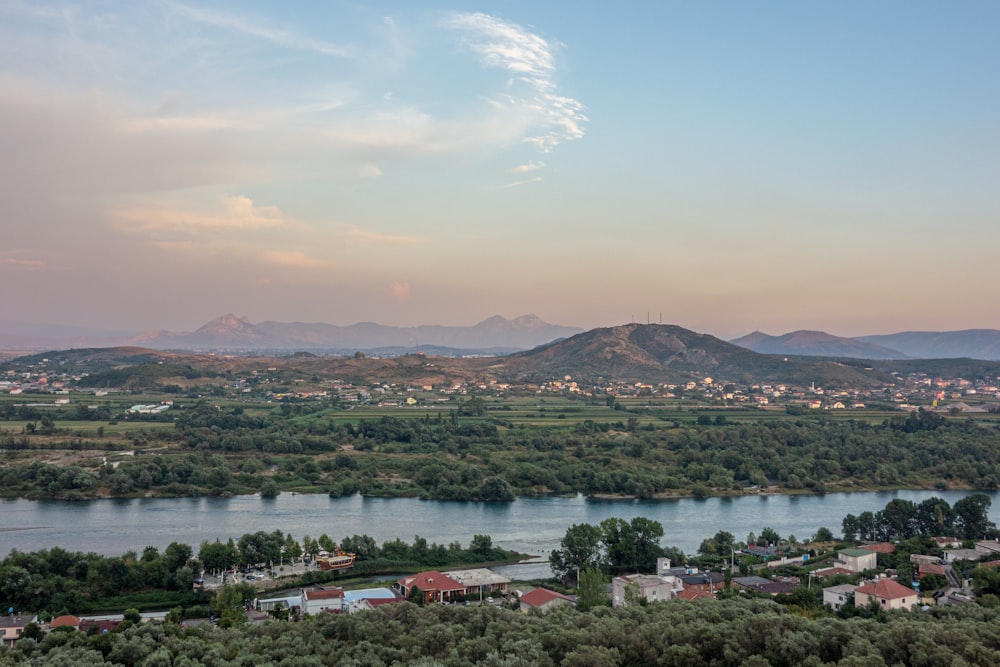 a town next to a lake