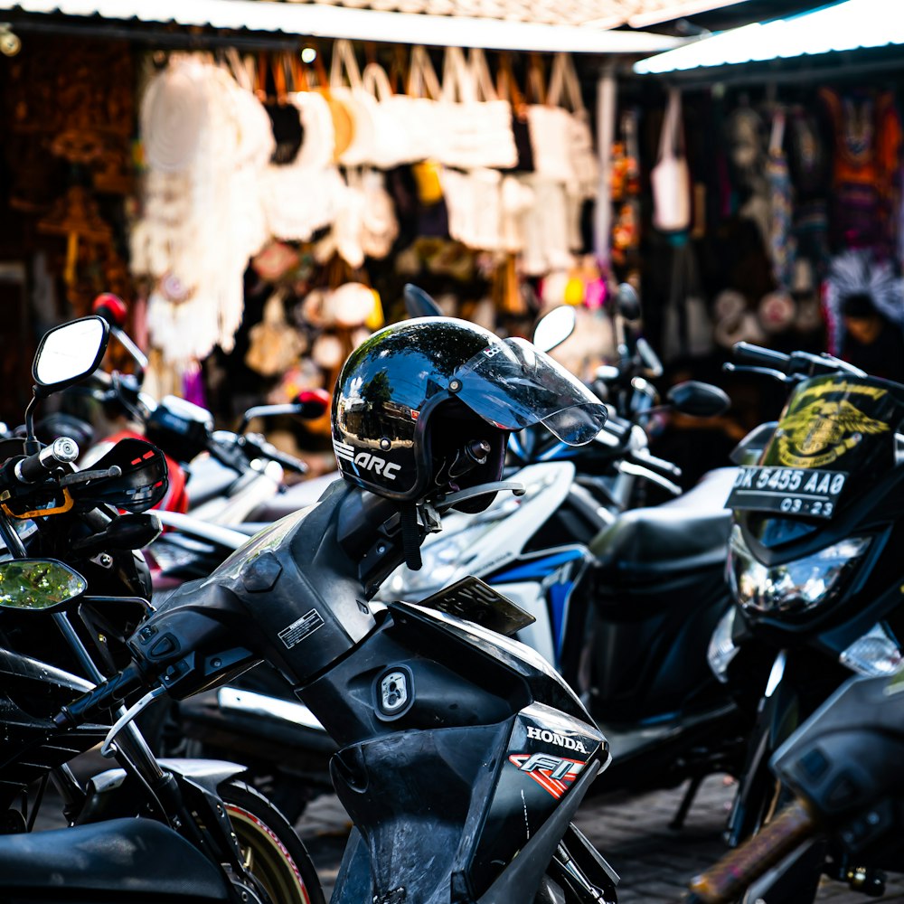 a group of motorcycles parked