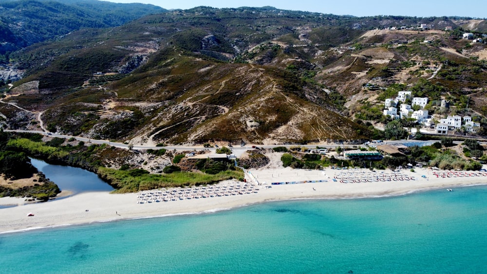 a beach with houses and trees