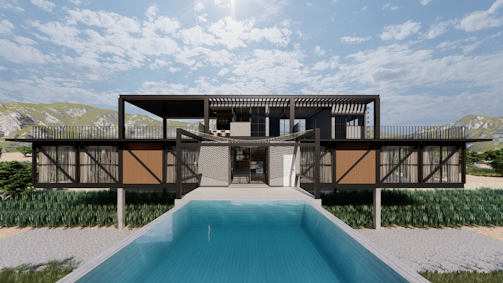 A modern architectural structure elevated on stilts with a symmetrical design. The building features extensive use of glass and metal with clean lines and open spaces. The foreground displays a swimming pool with clear blue water, and the surrounding landscape includes grassy fields and distant hills under a partially cloudy sky.