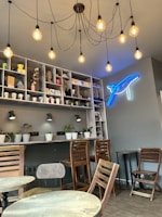 The cozy interior of coral bean cafe with aquariums integrated into the seating area.