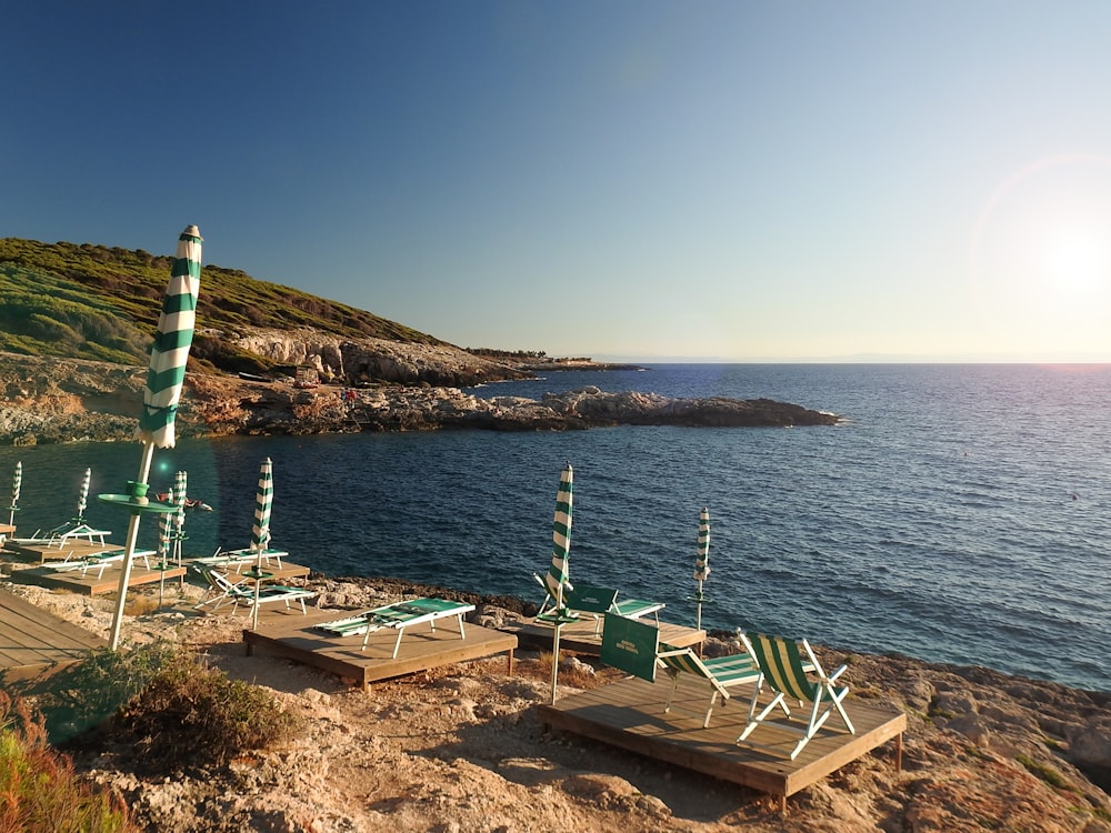 chairs and umbrellas on a beach