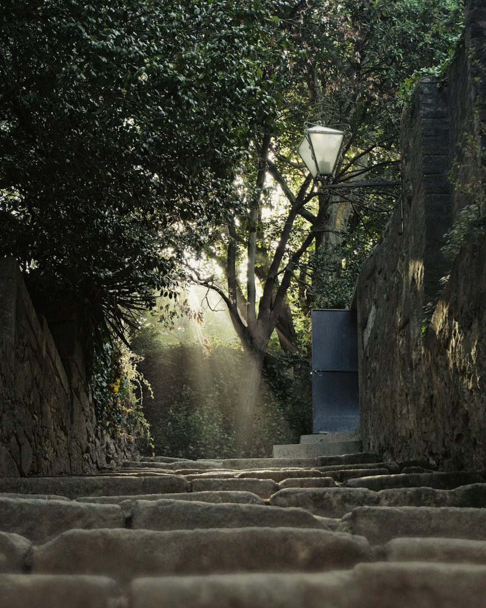 a stone staircase with a light post and trees on either side