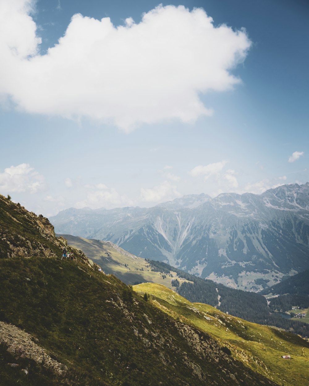 a valley with mountains in the background