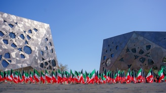 a group of people in front of a large building with flags