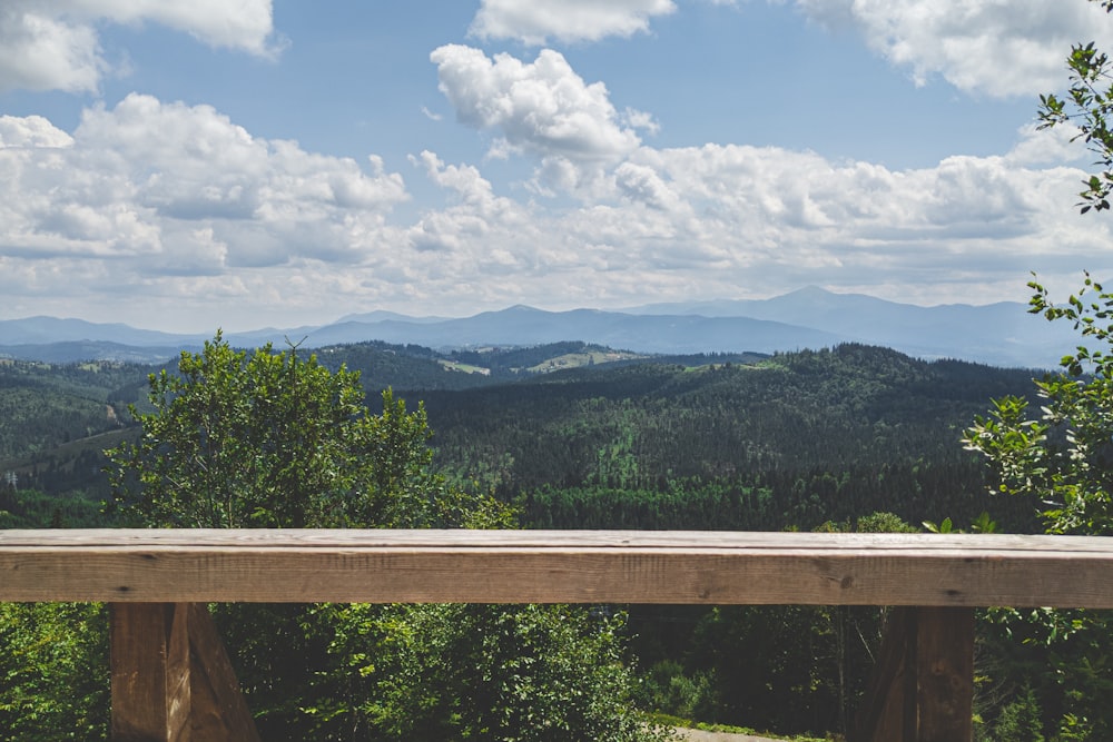 a wooden railing overlooking a forest