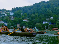 a group of people rowing a boat
