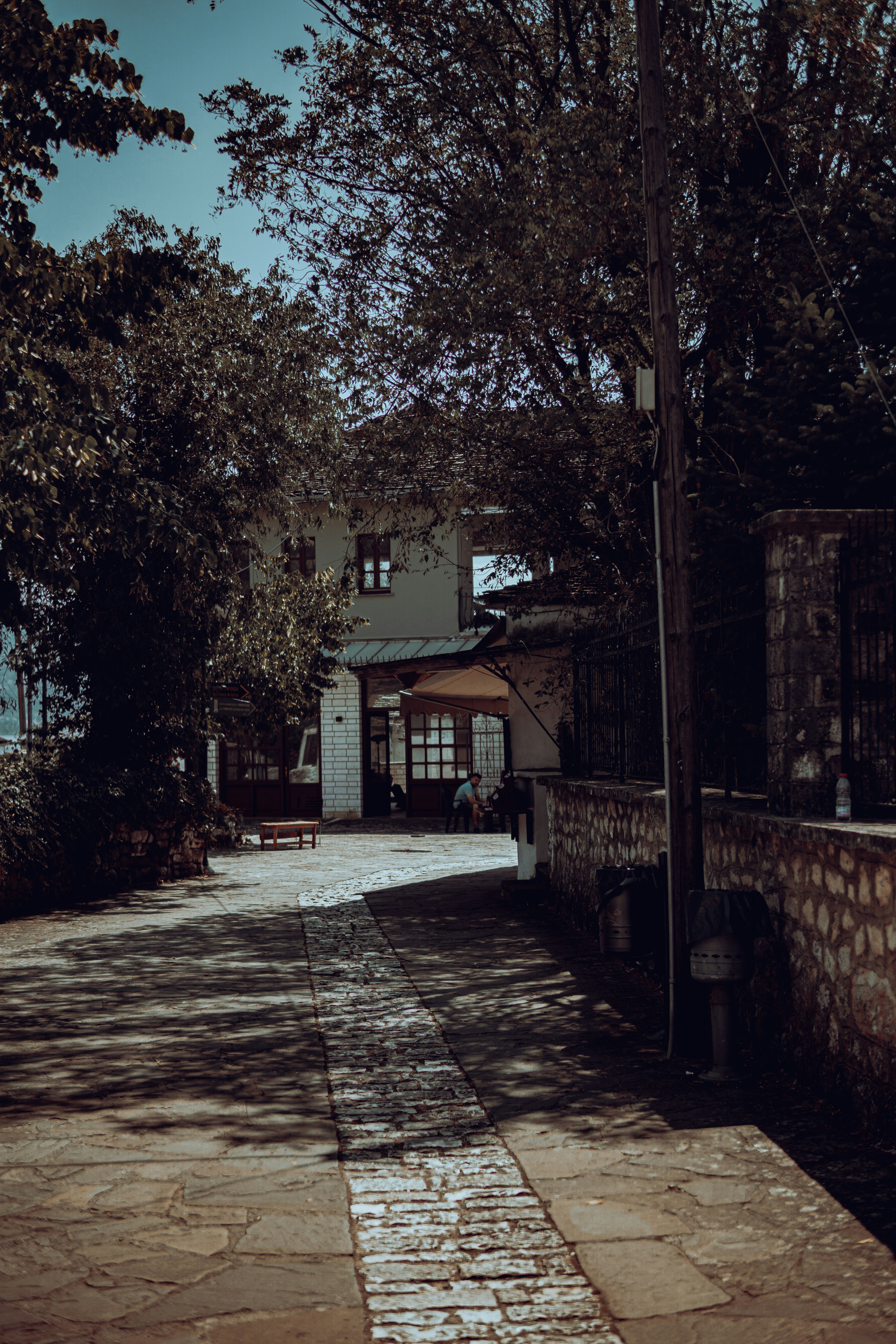 a brick road with trees on either side of it