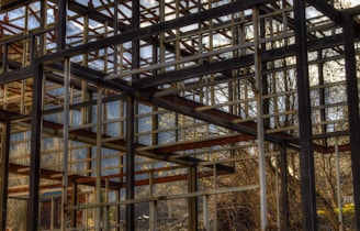 A skeletal structure of metal beams within a natural outdoor setting. The unfinished framework allows views of the surrounding trees and distant mountains, with beams creating geometric patterns. Sunlight filters through the gaps, casting shadows and highlighting parts of the structure.