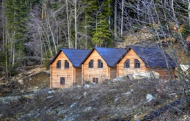 Three wooden cabins with dark roofs are nestled on a hillside. Bare trees surround the cabins, indicating a forest setting. The slope is rocky and appears to be in a natural, rugged environment.
