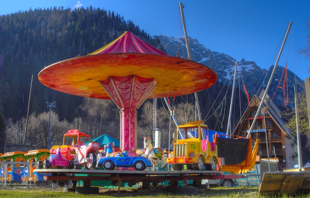a group of colorful play equipment