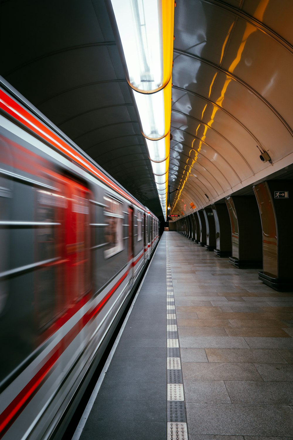 a train travels down the tracks