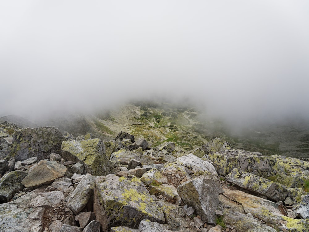 a rocky hillside with fog