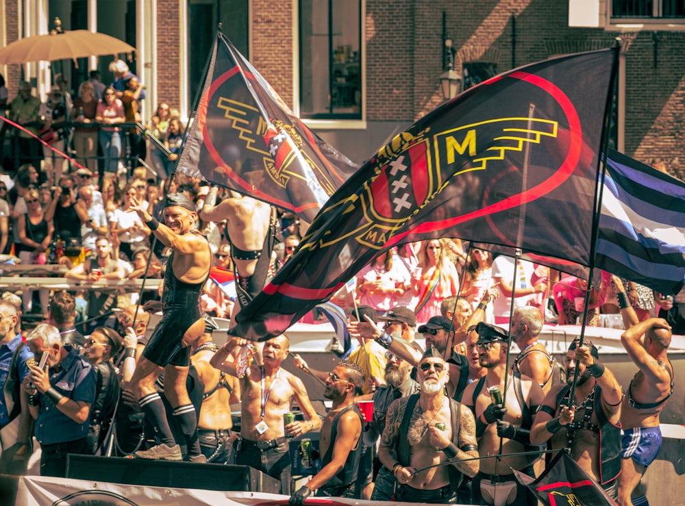 a group of people holding a flag