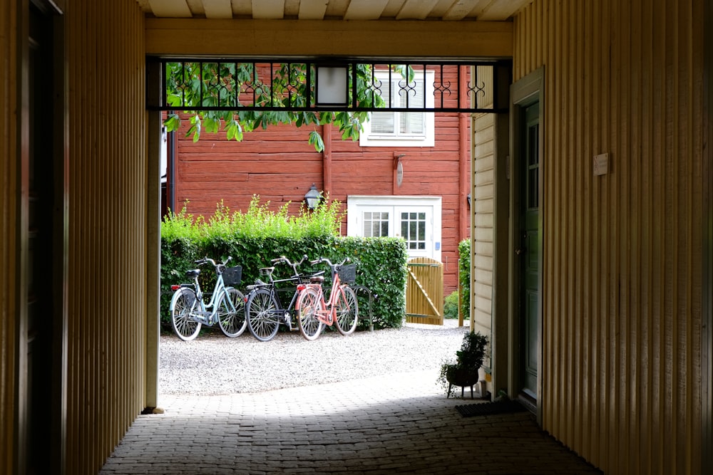 a group of bicycles parked outside a building