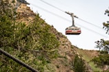 A cable car labeled 'snowbird' is suspended in mid-air, traversing a mountainous landscape. Lush green trees and rocky cliffs dominate the foreground, while the cable car travels along a wire high above. The scene conveys a sense of adventure in a natural, alpine setting.