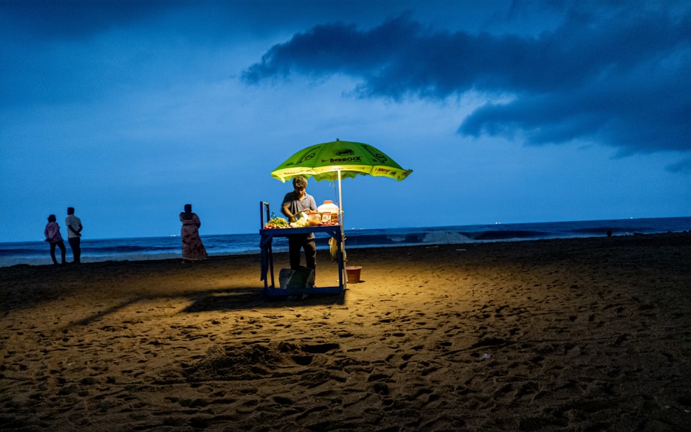 a person sitting under an umbrella on a beach