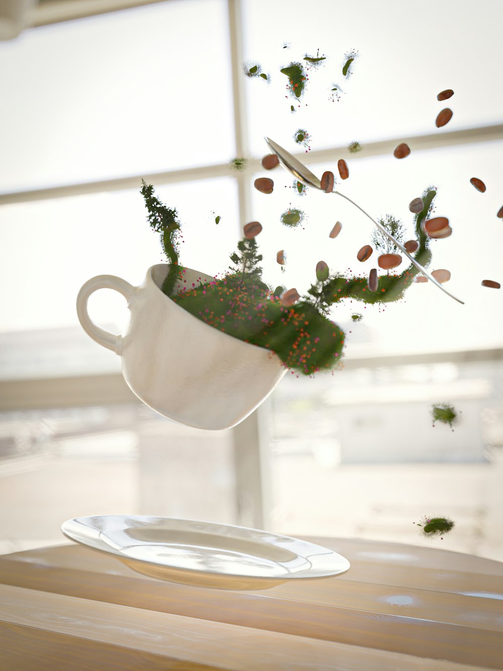 a white tea cup with a plant in it