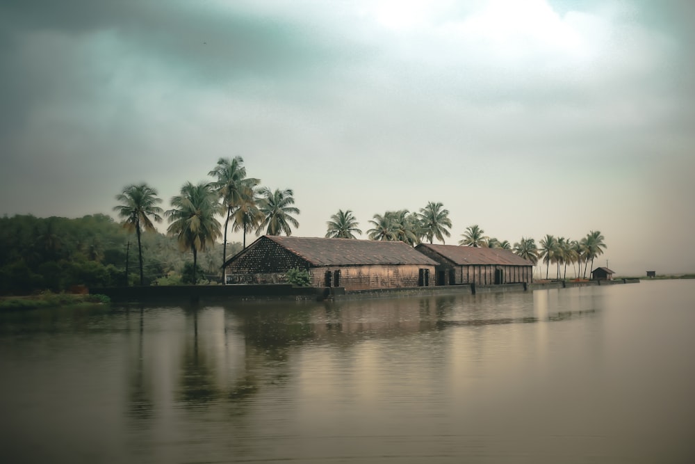 a group of buildings on a lake