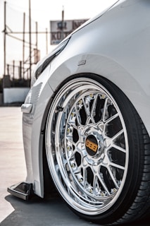 a close up of a car's wheel