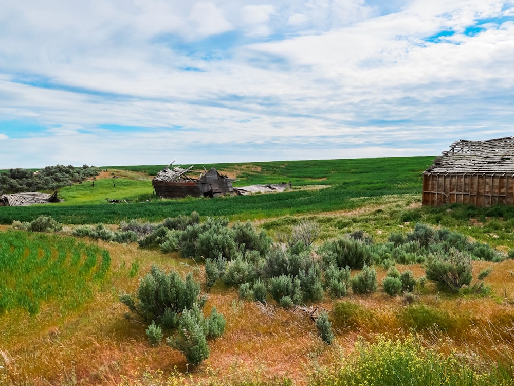 a field with a house in it