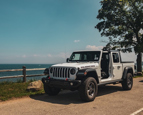 A white Jeep Rubicon is parked near a wooden fence with a scenic view of the ocean in the background. The vehicle is missing its doors, showcasing a rugged, adventurous style. To the right, a large tree provides partial shade. The scene is sunny with clear blue skies.